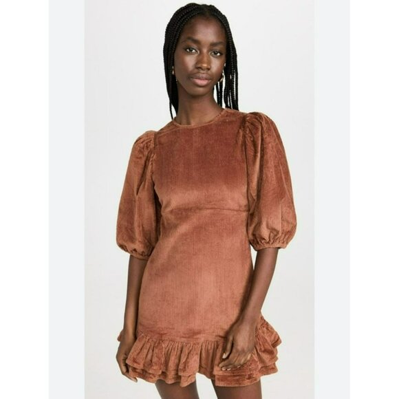 byTimo Corduroy Mini Flounce Dress Rusty Brown Puff Sleeve Ruffle Hem Cute Fun - Picture 1 of 11